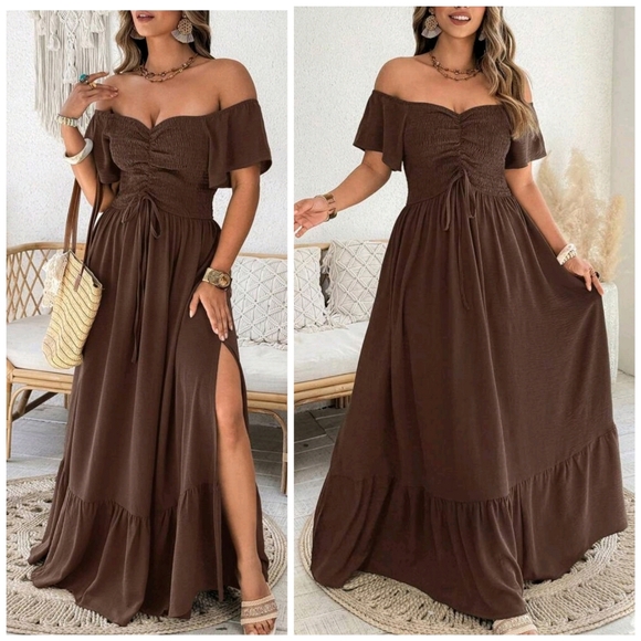 New Chic Ruched Top Off Shoulder Split Maxi Dress Brown - Picture 1 of 8